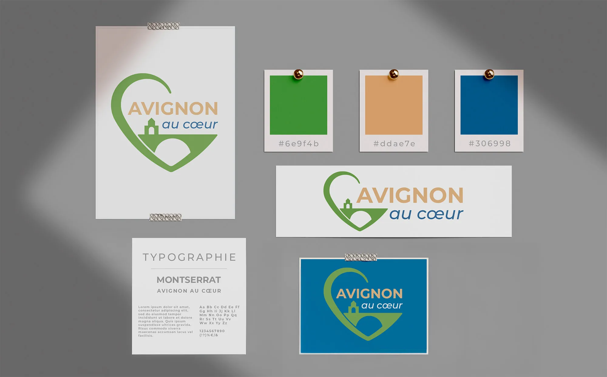 Présentation de la charte graphique Avignon au Cœur — logotype cœur pont d'Avignon, palette verte écologique et dorée