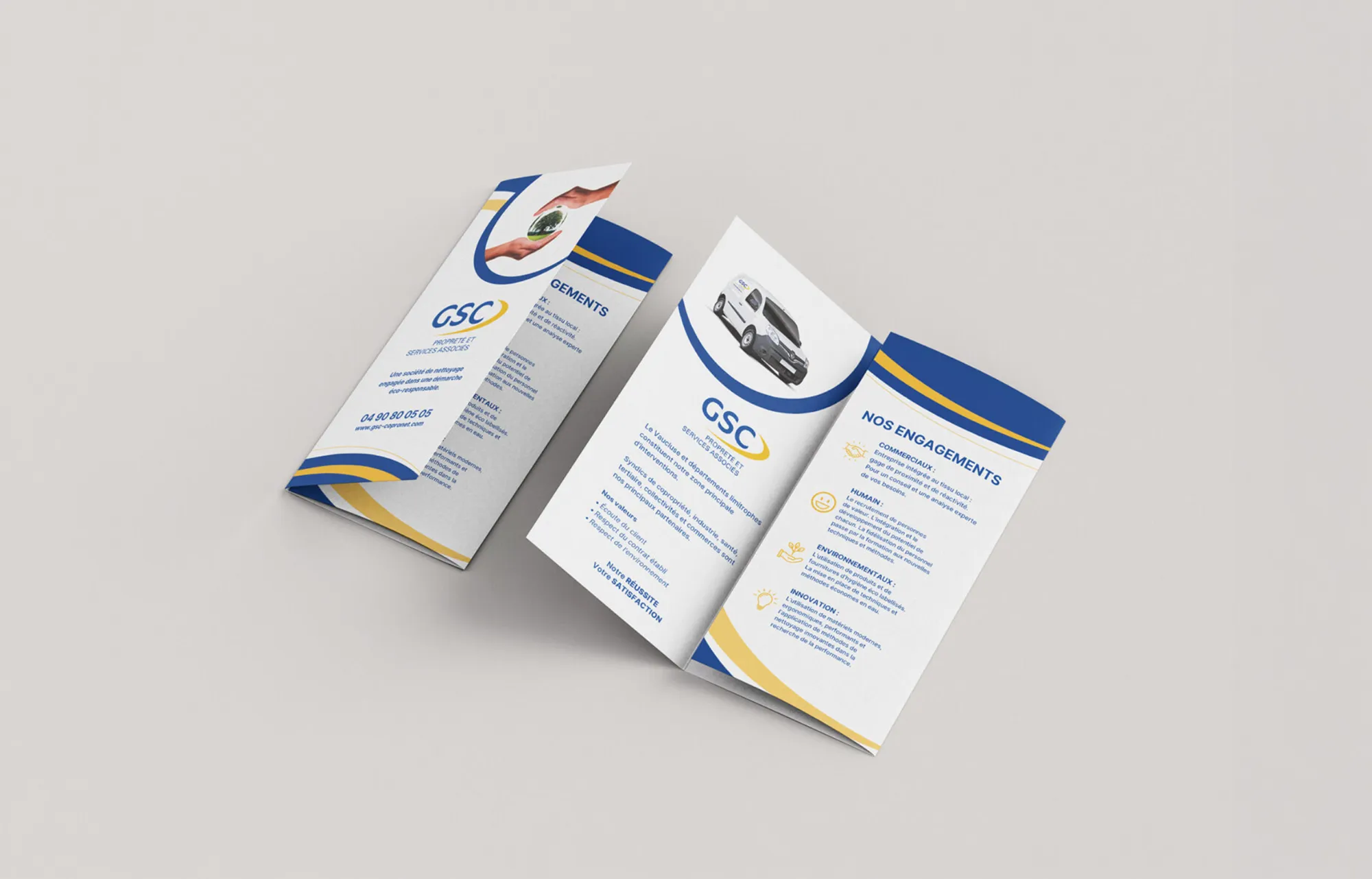 Mockup supports imprimés GSC Copronet — flyer et document commercial en cohérence de marque