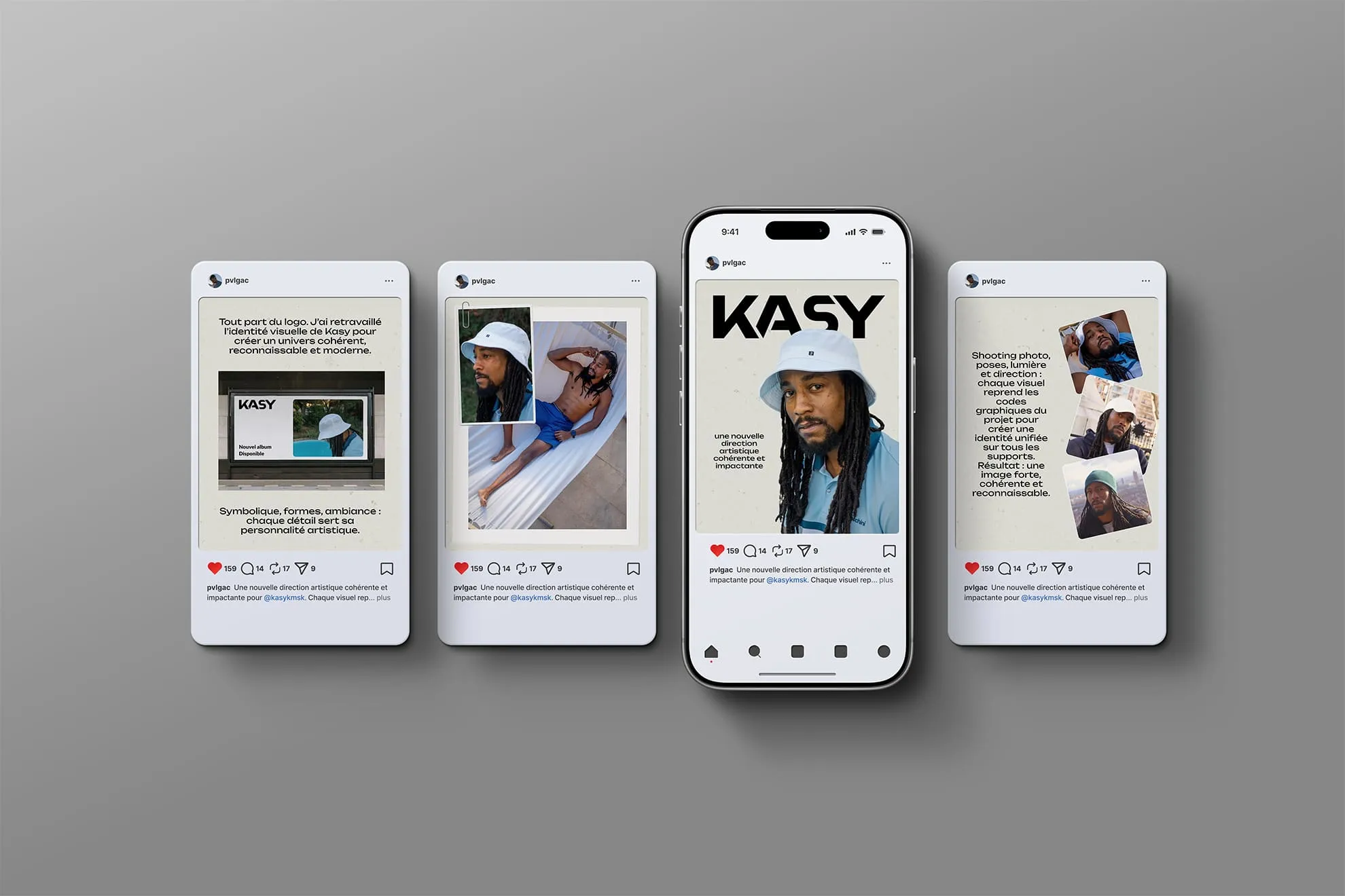 Direction artistique KASY — mockup publication Instagram format carré, identité monochrome noir et beige