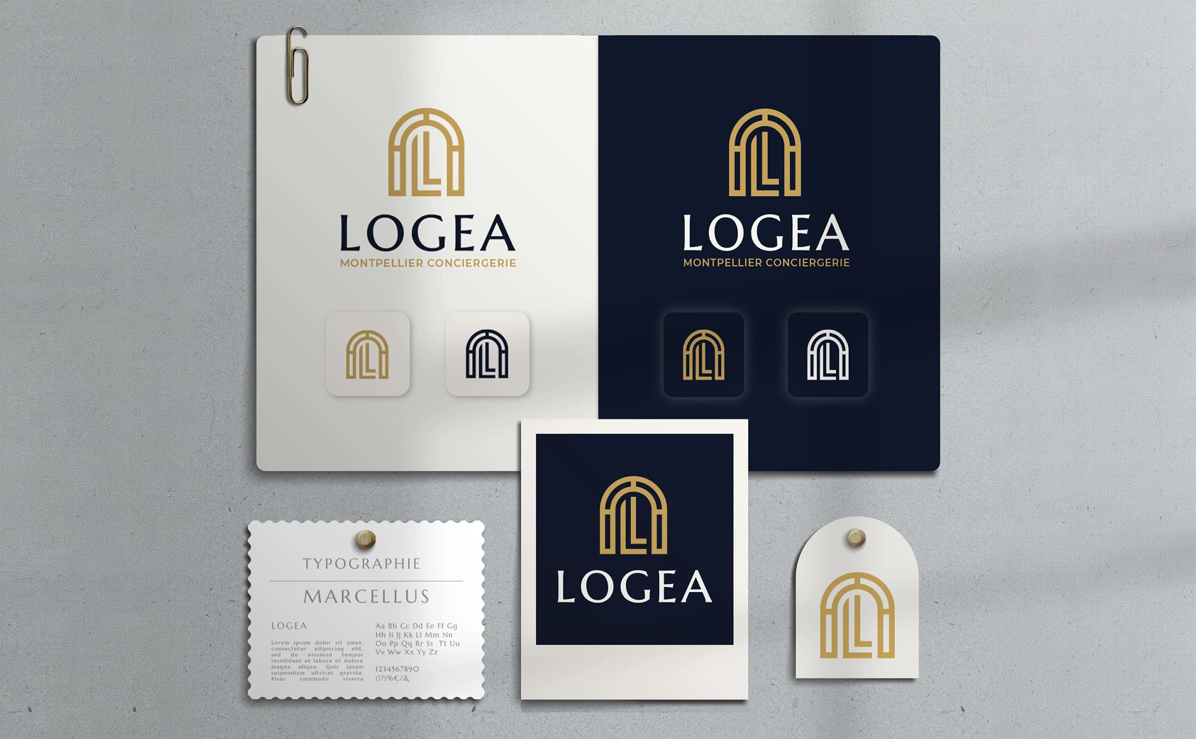 Supports de papeterie Logea — carte de visite et en-tête sur fond ivoire avec monogramme doré