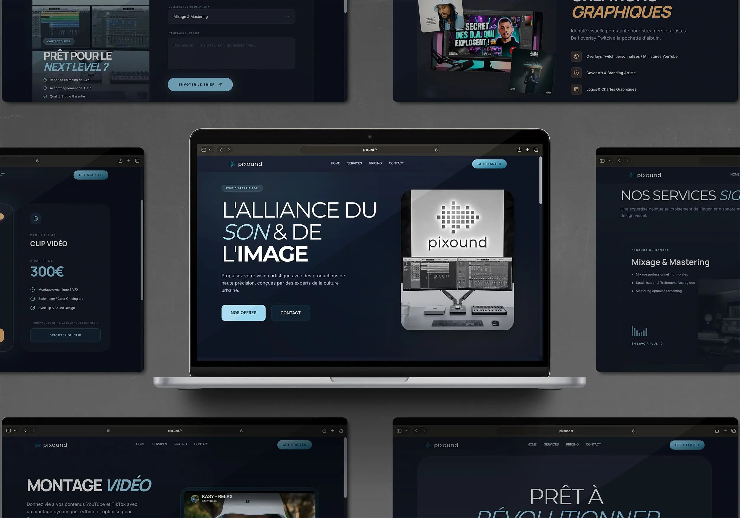 Mockup du site Pixound sur écran — identité visuelle bleu pétrole et typographie Montserrat minuscule