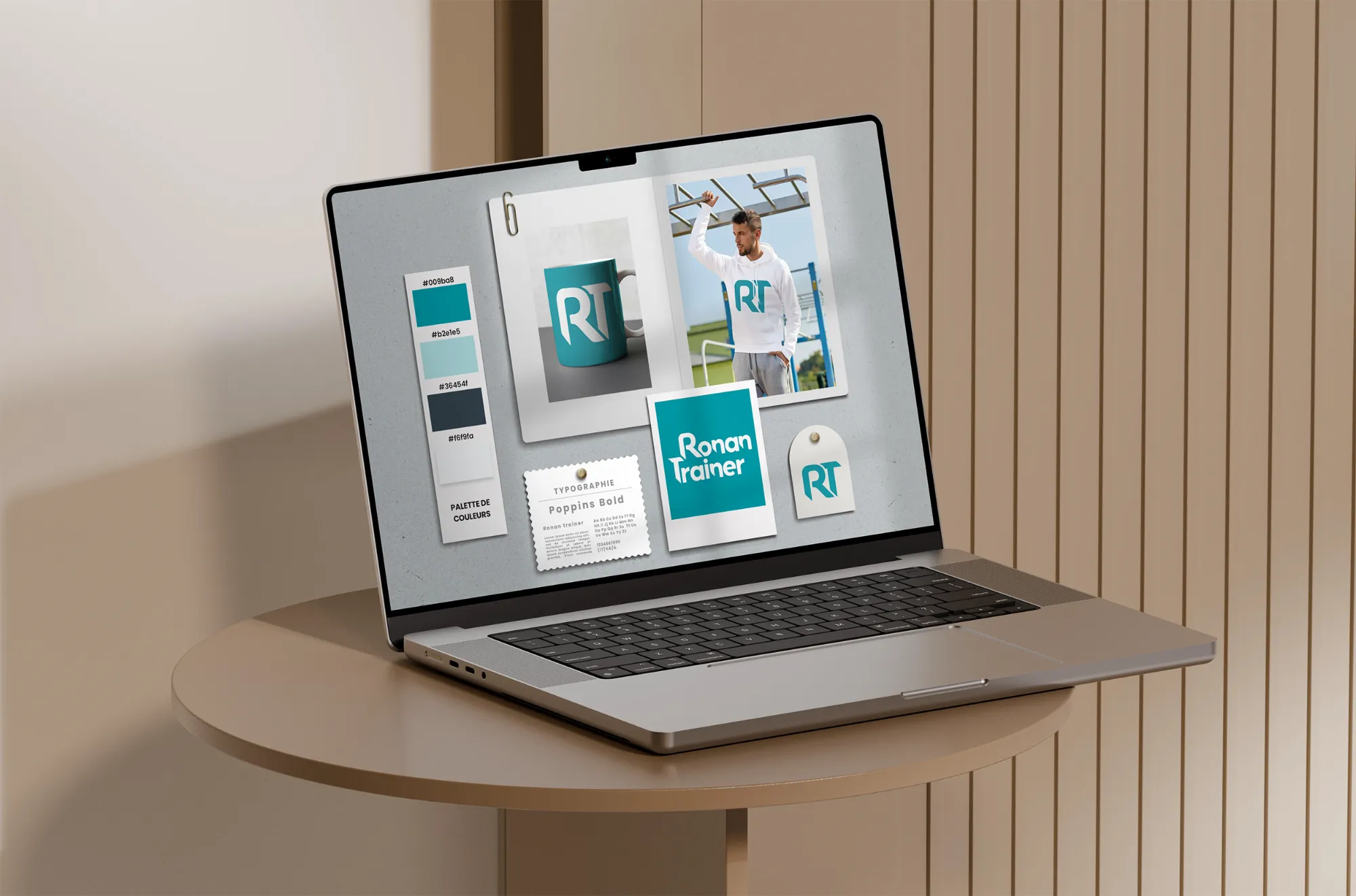 Mockup branding Ronan Trainer — carte de visite et supports imprimés, palette bleu lagon et gris ardoise