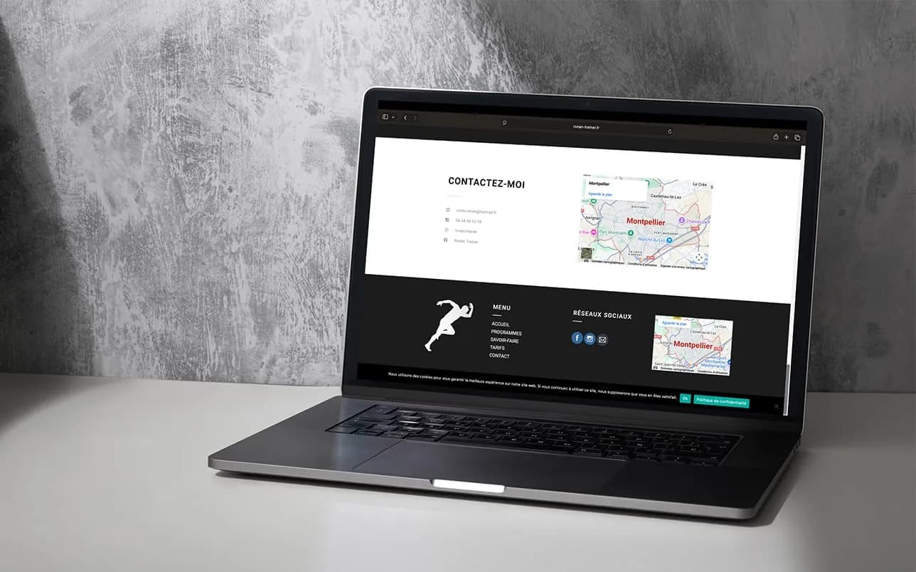 Mockup du site vitrine Ronan Trainer — page d'accueil responsive avec visuels sportifs et navigation intuitive