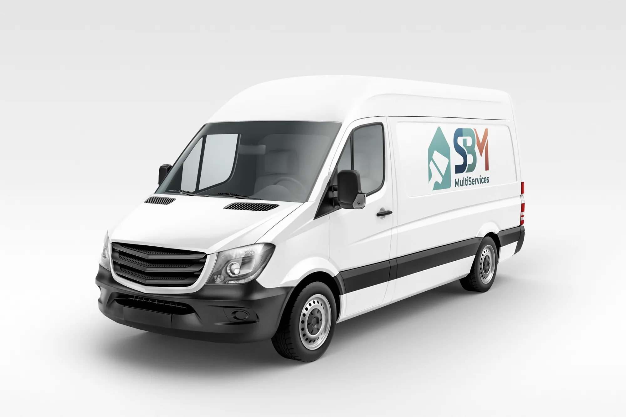 Mockup covering camion SBM MultiServices — logotype monogramme SBM aux teintes bleu canard et orange corail